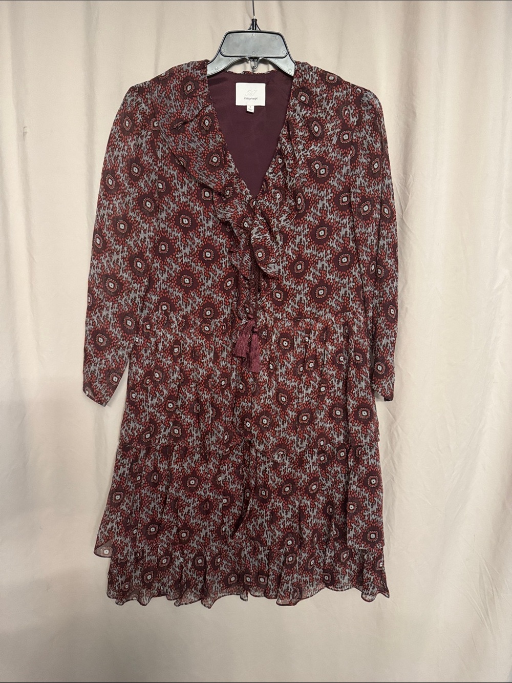 Cinq à Sept Jasmine Ruffle Long-Sleeve Midi Dress, Size S, Color Burgundy/Gray